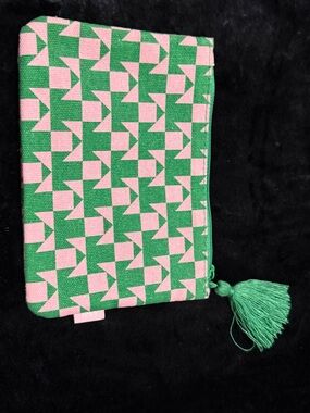 Geometric Pink & Green Zip Cosmetic Pouch with Tassel